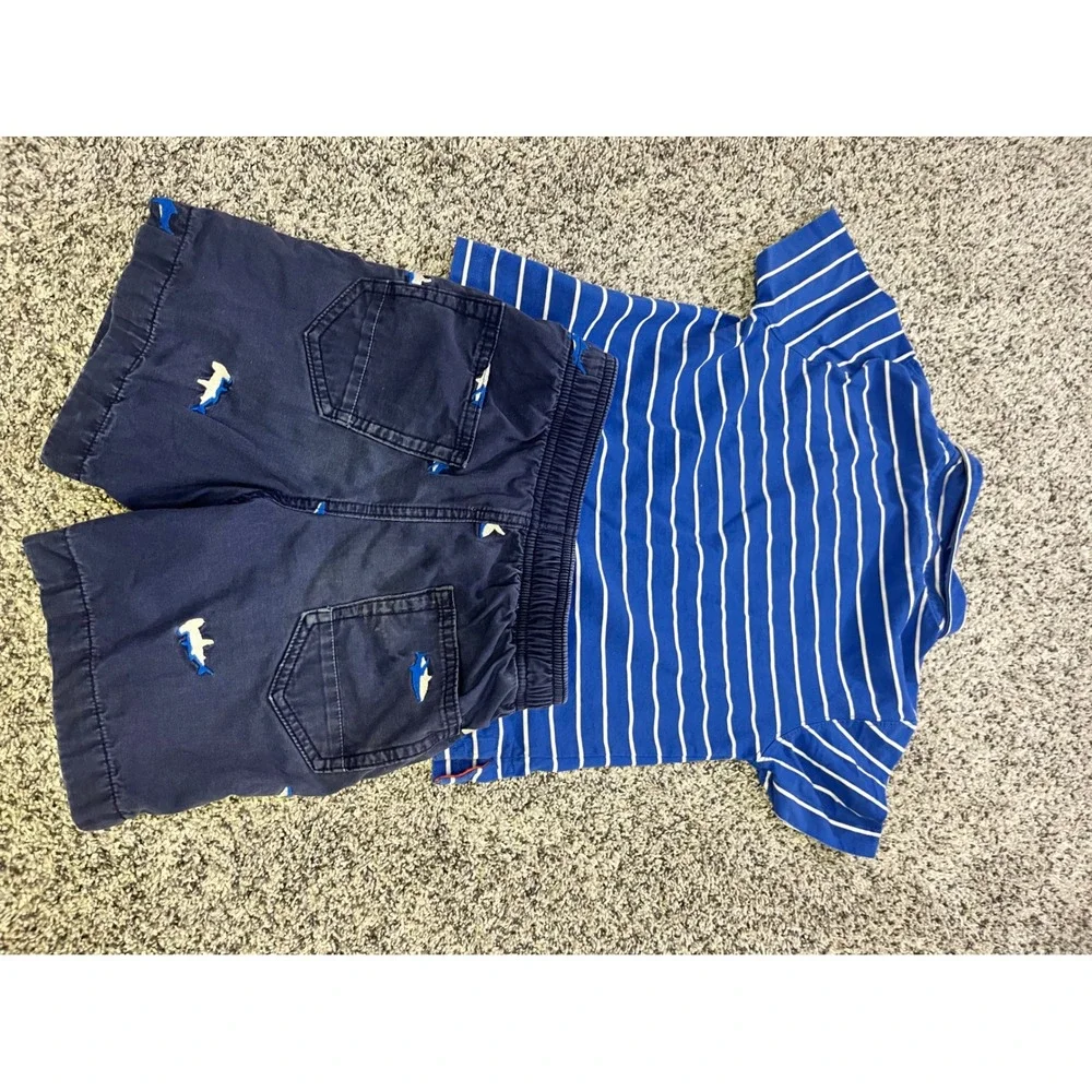 Hanna Andersson Boys Blue White Striped Polo Shark Embroidered Shorts Set Size 5